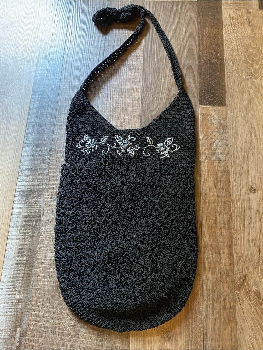 Black Crochet Shoulder Bag with Embroidered Floral Detail